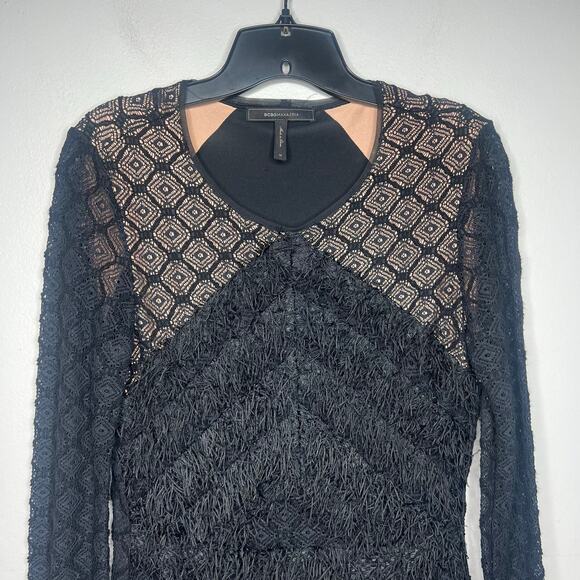 BCBGMaxAzria Black Velma Long-Sleeve Fringe Dress LBD Little Black Dress Size M - Picture 4 of 15